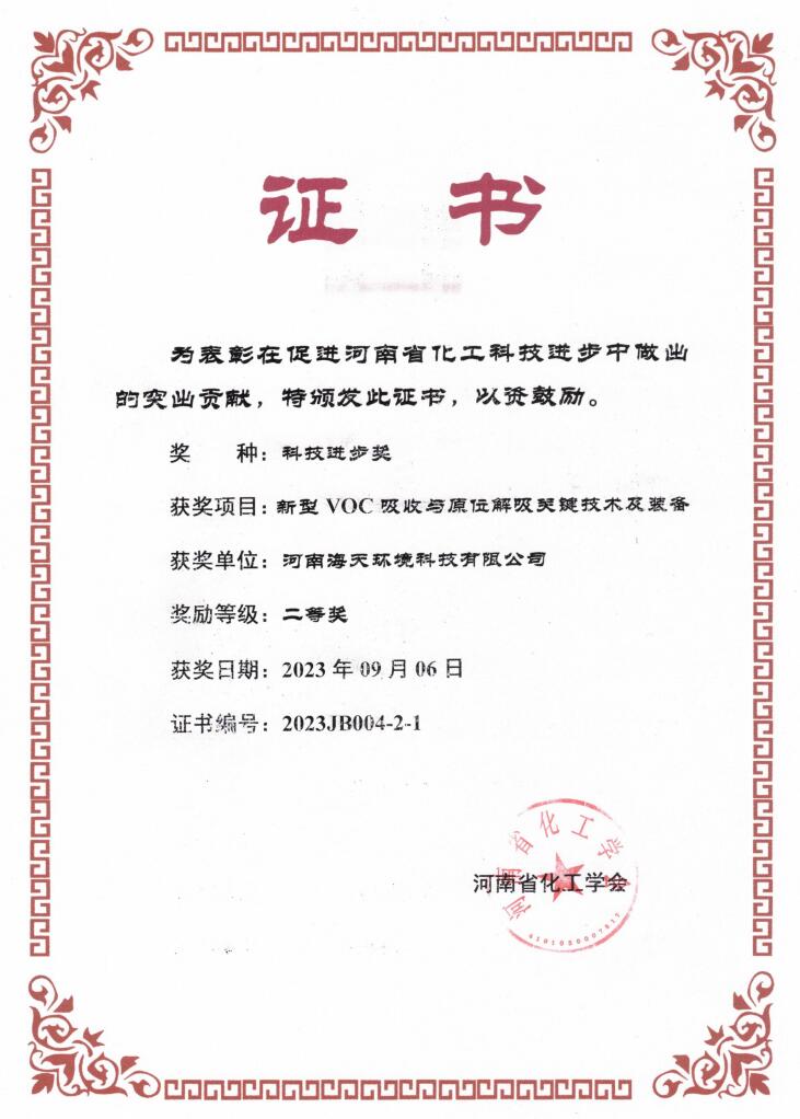 新型VOC吸收與原位解吸關(guān)鍵技術(shù)及裝備二等獎(jiǎng)